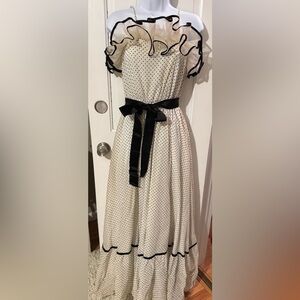Vintage Polka Dot Midi Dress with Black Satin Waist Tie